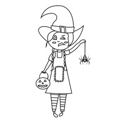 Coloring page halloween vector illustration of girl in witch costume with red hair holding pumpkin and spider. Emotion of disgust on the face. Coloring book for children