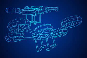 Drone flying with action video camera. Wireframe low poly mesh vector illustration