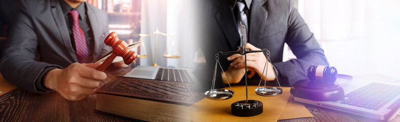 Business and lawyers discussing contract papers with brass scale on desk in office. Law, legal...