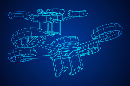 Drone flying with action video camera. Wireframe low poly mesh vector illustration