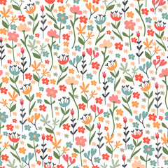 Floral seamless pattern with hand darwn flowers and leaves. Colorful elements.  Artistic background. Fashion print. Vector illustration.