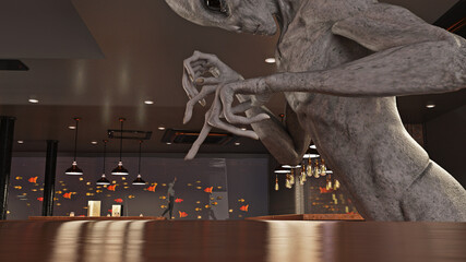 3d illustration of a grey alien leaning over to poke at a tiny extraterrestrial in an interior bar setting.