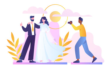 Bride and groom pose on wedding ceremony for shoot