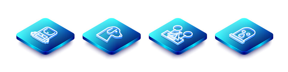 Set Isometric line Hiking backpack, Dog, Tourist tent and Balaclava icon. Vector