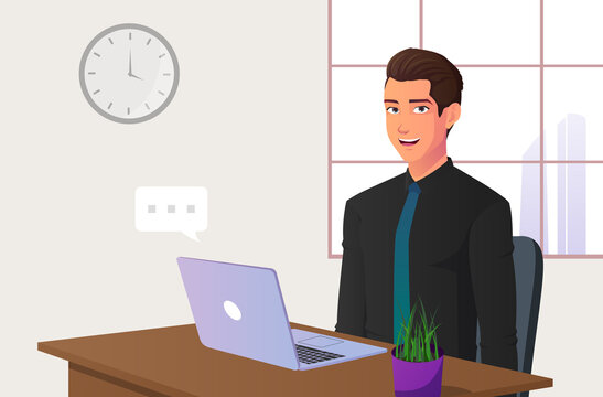 Cartoon Office Worker Sitting on Chair with Laptop on Desk.