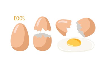 Brown eggs. Whole and broken eggs with cracked eggshell. Vector food ingredient isolated on white background. Flat design for menu, cafe, restaurant, poster, banner, emblem, sticker.