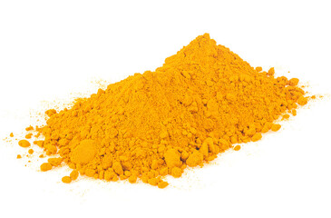 Turmeric powder pile isolated on a white background. Yellow curcuma powder. Indian spice.