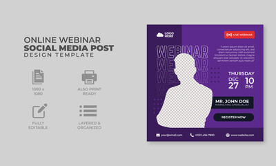 Online webinar social media post and square banner, web banner template, trendy design, ready to upload,