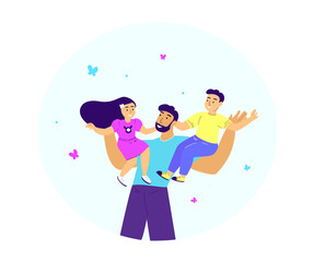 Fathers Day greeting card.Dad playing and holding on shoulders his children son and daughter.Bright flat style picture for greeting cards,posters.Flat vector illustration isolated on white background