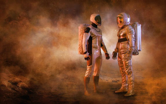 Astronauts wearing space suits on the red Mars planet. 3D image of spacemen exploring surface of Mars. Space travel, universe discovering, martian base, Mars colonization, exploration mission concept