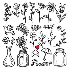 Hand drawn flower and leaf elements doodle. Branches, petals, flowering plants. Isolated on white background. Vector print illustration