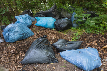 Illegally discarded waste in blue garbage bags in nature.
