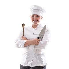 Isolated chef with crossed hands holding a sharp knife and wooden spoon