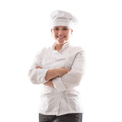 Isolated cook standing and wearing white cooking robe