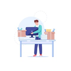 Fototapeta premium Vector cartoon flat office character at new workplace.Successful employee happy man equips new workspace,puts computer on desk-new job,ideas,opportunities,professional workflow,web site banner concept