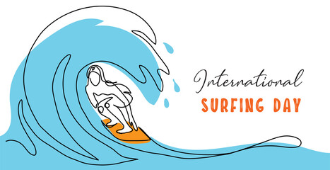 International surfing day simple vector banner, poster, background. One continuous line drawing of surfer on the surfboard catching the wave. Surfing day minimalist banner - obrazy, fototapety, plakaty