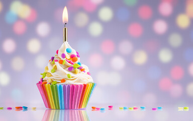 Birthday cupcake. Rainbow Cup Liners. Burning candle light in a cake. Happy Birthday Gay, lesbian....