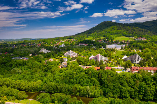 Scenery of the town and health resort in Ustron on the hills of the Silesian Beskids. Poland