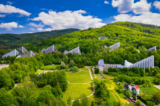 Scenery of the town and health resort in Ustron on the hills of the Silesian Beskids. Poland