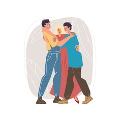 Vector cartoon flat characters friends happy hugging each other,friendly team young people -communication,emotions,friendship,social concept