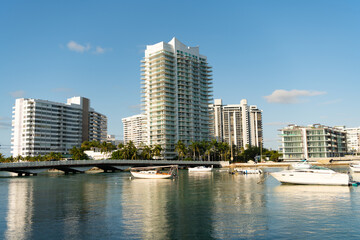 Obraz na płótnie Canvas Modern urban architecture of coastal metropolis seen from sea in Miami, USA