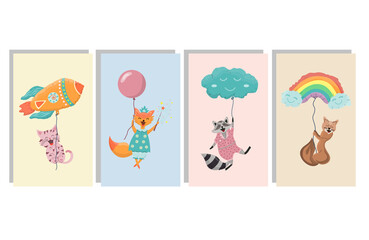 Cute posters for children. Animals fly in balloons cards for kids design. Joyful pets characters flies. First pet. Decoration for children's room. Cute vector cartoon illustration.