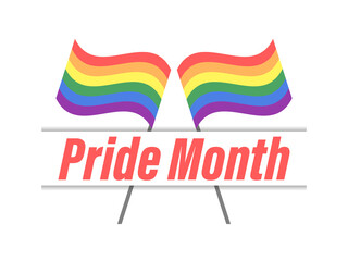 Pride month text with rainbow flag. LGBT Pride June. Tolerance and love. Festival of sexual minorities, gays and lesbians, transgender people. Design for banner and  poster. Vector illustration