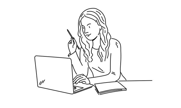 Woman holding pen in front of laptop. Learning, reading, working concept.