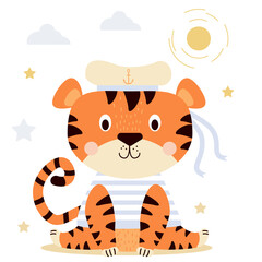 A cute tiger is sitting under the sun. A funny character in sea clothes - a striped vest and a hat with an anchor with ribbons. 2022 year of the tiger. Vector For design, print, postcards, decor