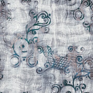 Seamless grungy tribal ethnic rug motif pattern. High quality illustration. Distressed old looking native style design in faded turquoise and gray colors. Old artisan textile seamless pattern.