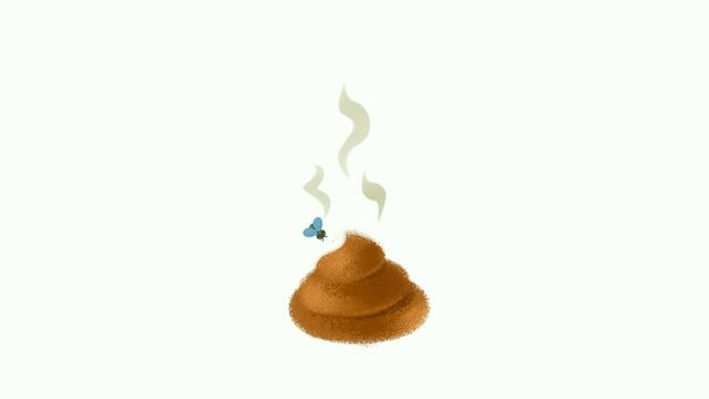 The turd falls from above, it stinks and a fly flies to it and whirls from above. Cartoon funny turd and insect animation on transparent background, 2d animation