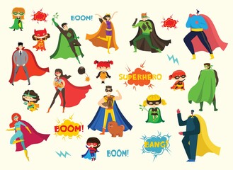 Vector illustrations in flat design of female and male superheroes in funny comics costume