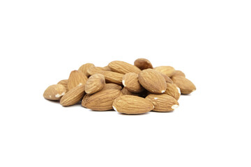 Almond nuts isolated on white background. Heap of peeled almonds