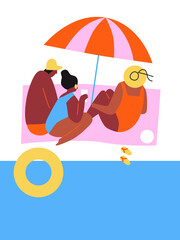 People swim, sunbathe, engage in water sports. Pool party concept abstract vector illustration. People enjoy summer vacation at poolside. Happy woman swim in swimming pool in holiday resort. 