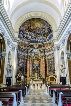 Interior of Jesuit Church of St Ignatius. Church of St. Ignatius created by architect Ignazio Pozzo and construction completed in 1725. Dubrovnik, Croatia. May 5, 2018.