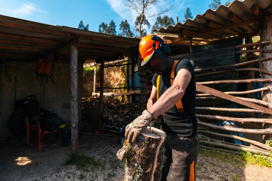 Content lumberjack chopping wood at sawmill 
