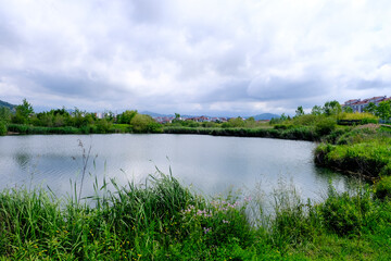 Fototapeta na wymiar Beautiful lake landscape with dramatic sky on an autumn day