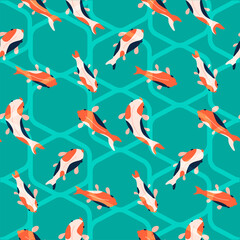 Fish koi background. Hand drawn sea abstract waves seamless pattern. Vector flar fashion illustration.