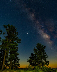 Via lactea en las montañas de Arizona abajo de las estrellas con arboles de pinos con vista de Júpiter durante la hora dorada