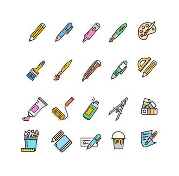 Brushes and Painting Sign Color Thin Line Icon Set. Vector