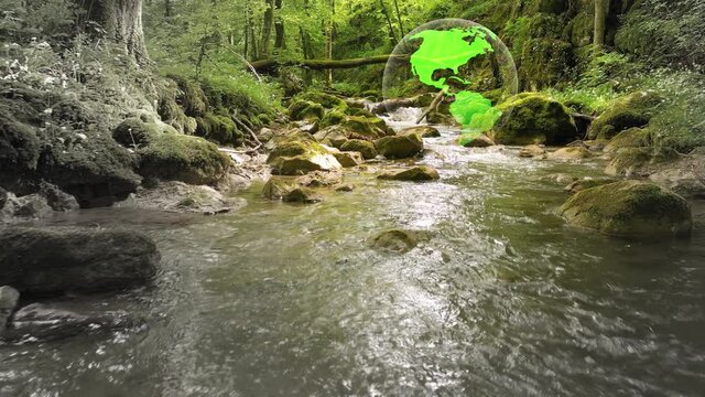 Concept ecology background with forest river and earth planet animation.