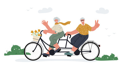 Fototapeta na wymiar Smiling seniors couple riding tandem,city park,nature.Flat vector illustration.