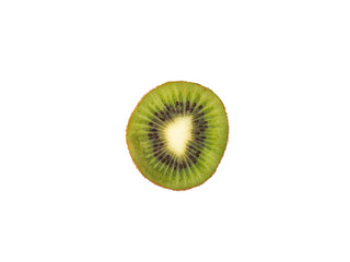 A cross-cut slice of green kiwi isolated on a white background. Exotic, tropical fruit.