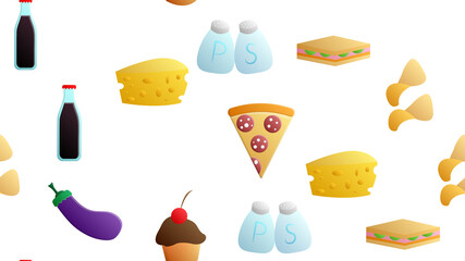 Endless white seamless pattern of delicious food and snack items icons set for restaurant bar cafe: chips, cheese, eggplant, soda, salt and pepper, cupcake, pizza, sandwich. The background
