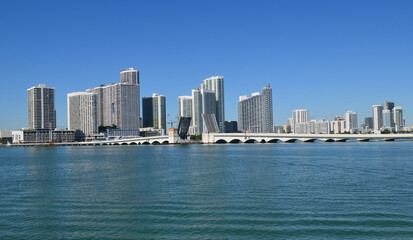 Miami Skyline and Venetia Causeway drawbridge 