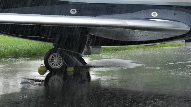 Close up of aircraft wings and landing gear in heavy thunderstorm rain