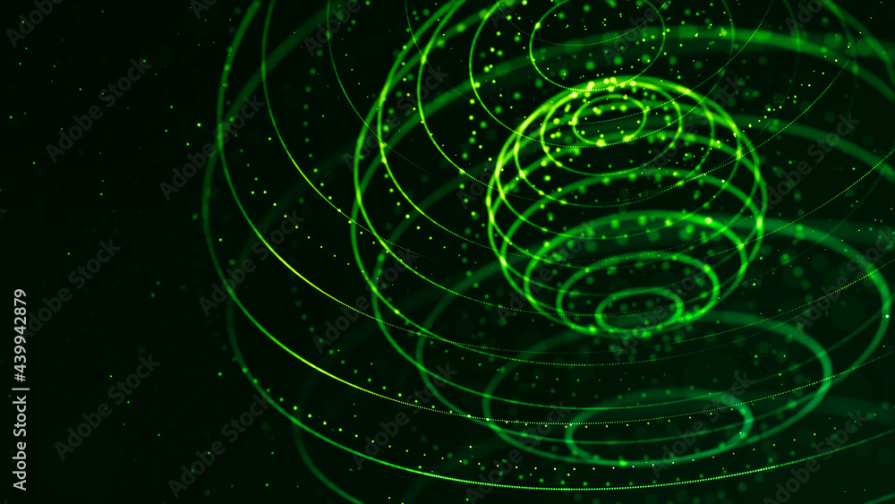 Poster abstract sci-fi background with glow particles form curved lines, surfaces, hologram structures or v