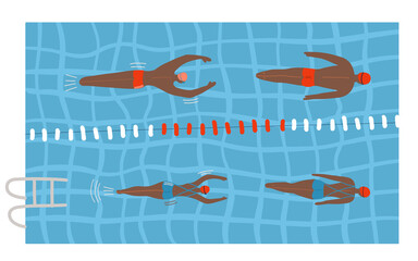 Swimming pool with several swimmers and life buoy in the water. Vector illustration about sport and recreation, healthy life style, fitness, energy, summer activities.