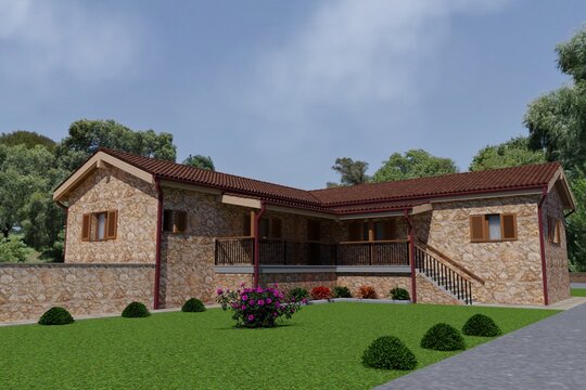 Stone building, 3d rendering, grass, plants and flowers in the yard.