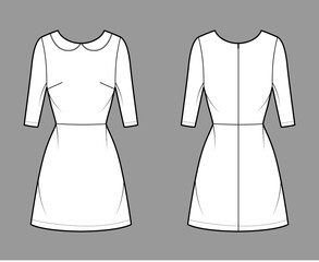 Dress A-line technical fashion illustration with elbow sleeves, peter pan collar, fitted body, above-the-knee length skirt. Flat apparel front, back, white color style. Women, men unisex CAD mockup